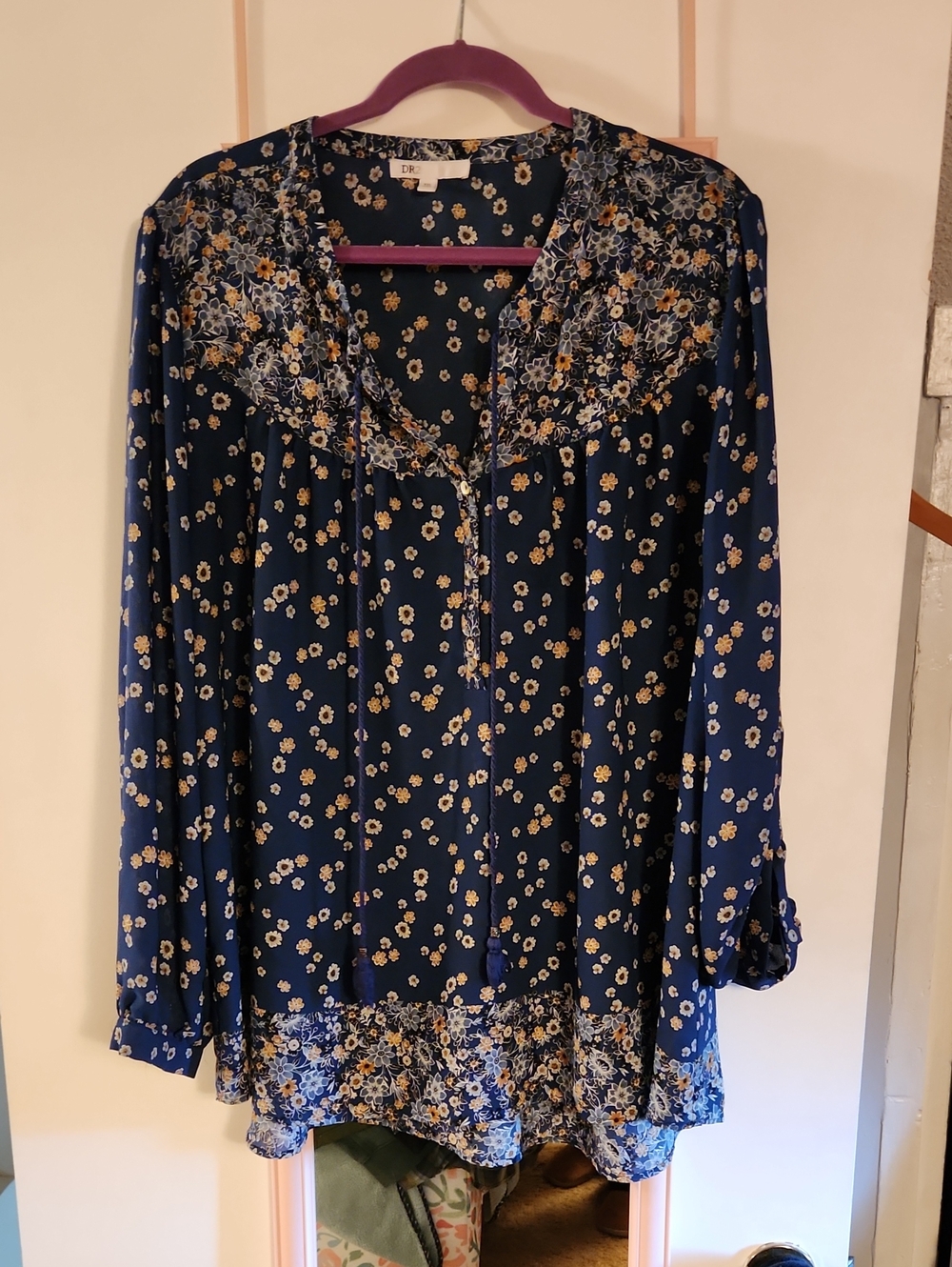DR2 Navy Blue Floral Peasant Blouse